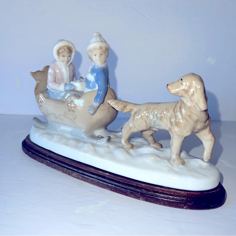 VTG Paul Sebastian Meico Fine Porcelain Boy, Girl and Dog on Sleigh Ride Figure
